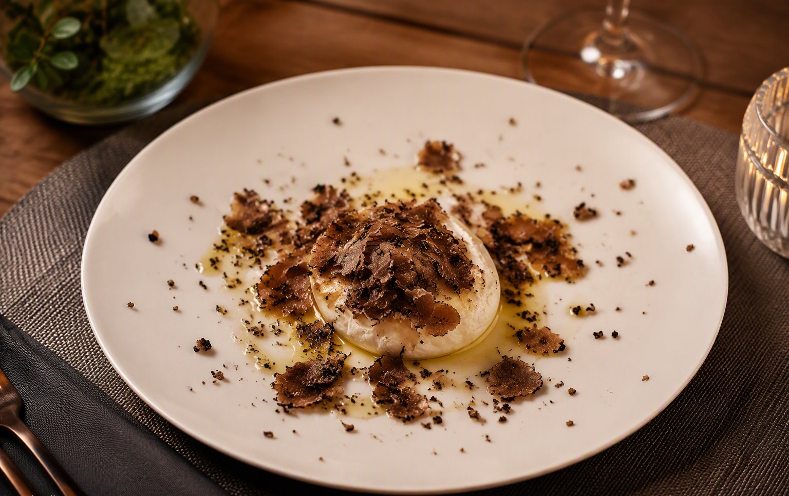 Uovo in camicia con tartufo nero e olio nuovo